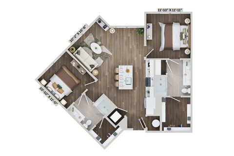 Floor plan for 2 beds, 2 baths, 1054 sqft